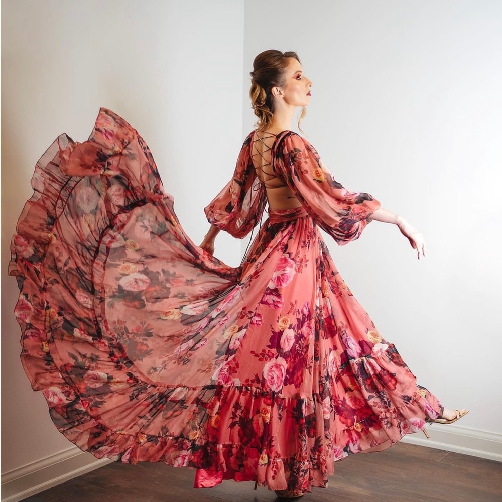 Mac Duggal 67946 Floral Long Sleeve Cut Out Chiffon Maxi Formal Dress Size 4 - Picture 15 of 16